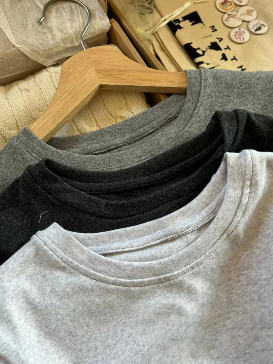 Solid O-neck Short Sleeve Tees Women Summer Casual Slim Simple Basic Cotton Soft T-shirts Preppy Style All-match Tops Y2K