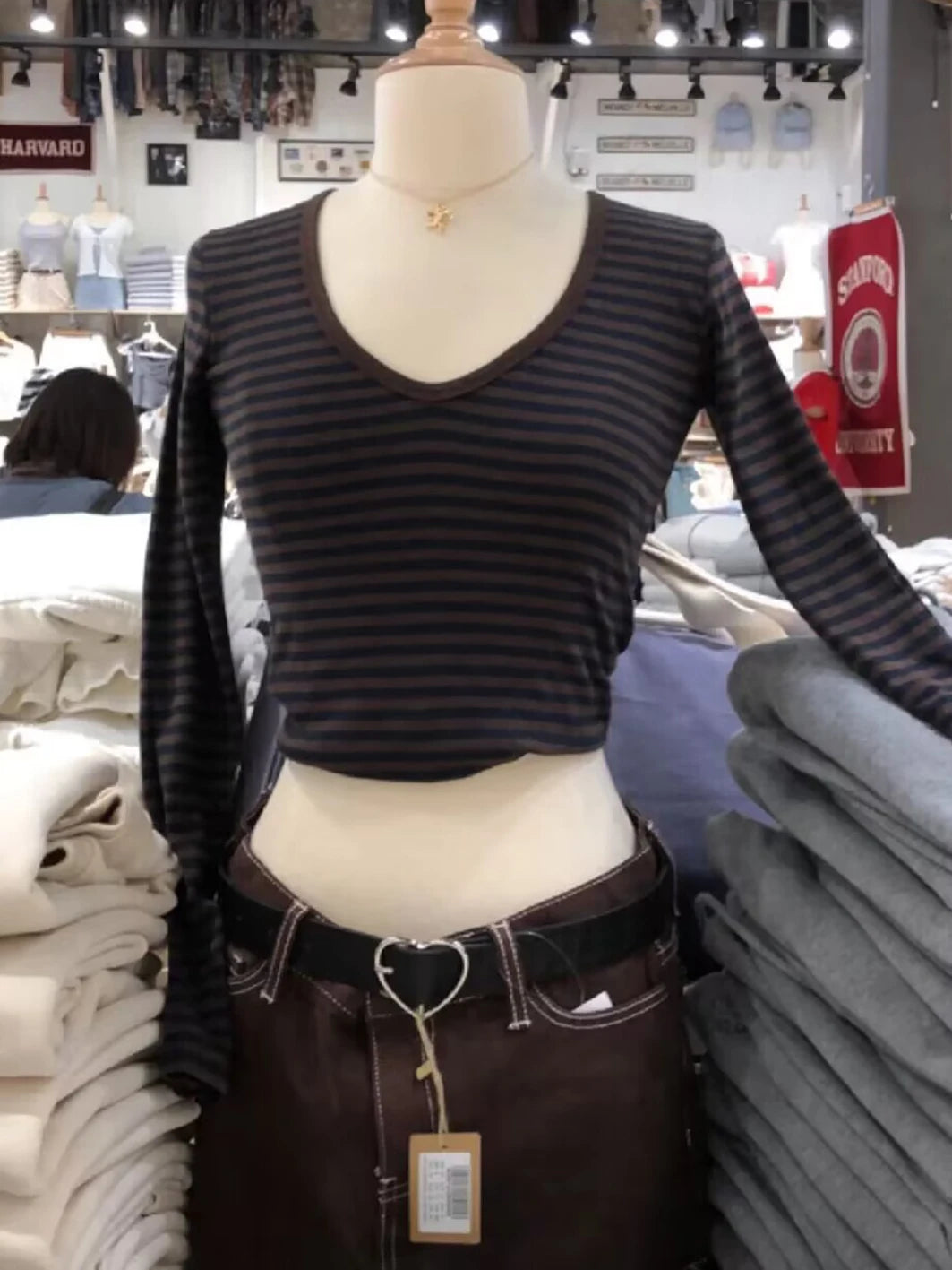 Striped Slim Long Sleeve T-shirt Women Spring V-Neck Cotton Preppy Style Casual Tee Shirts Female Sweet Cute Vintage Y2K Tops
