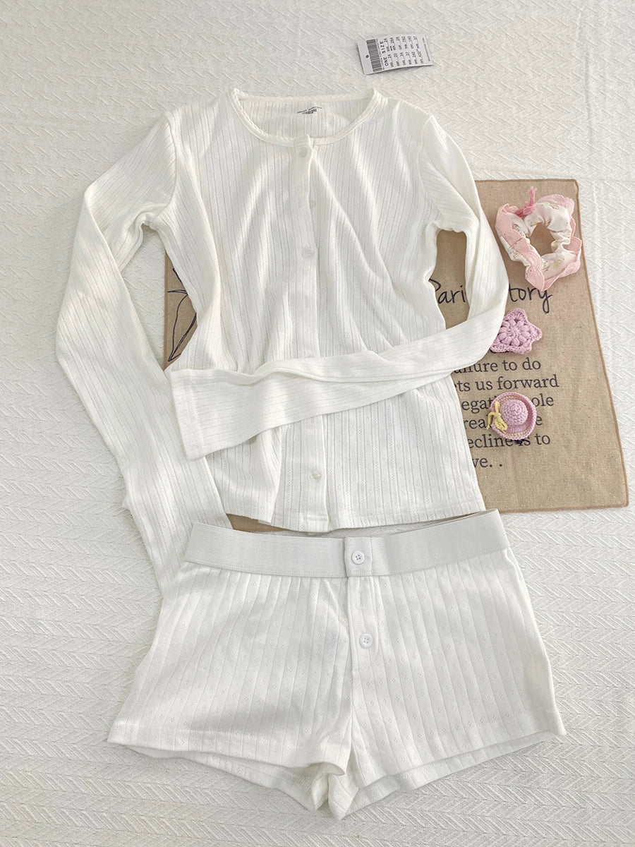 Sweet Eyelet Long Sleeve T-shirt Shorts Set Women Cotton Buttons Home Pajama 2 Piece Sets Slim Tees+Elastic Straight Sweatshort