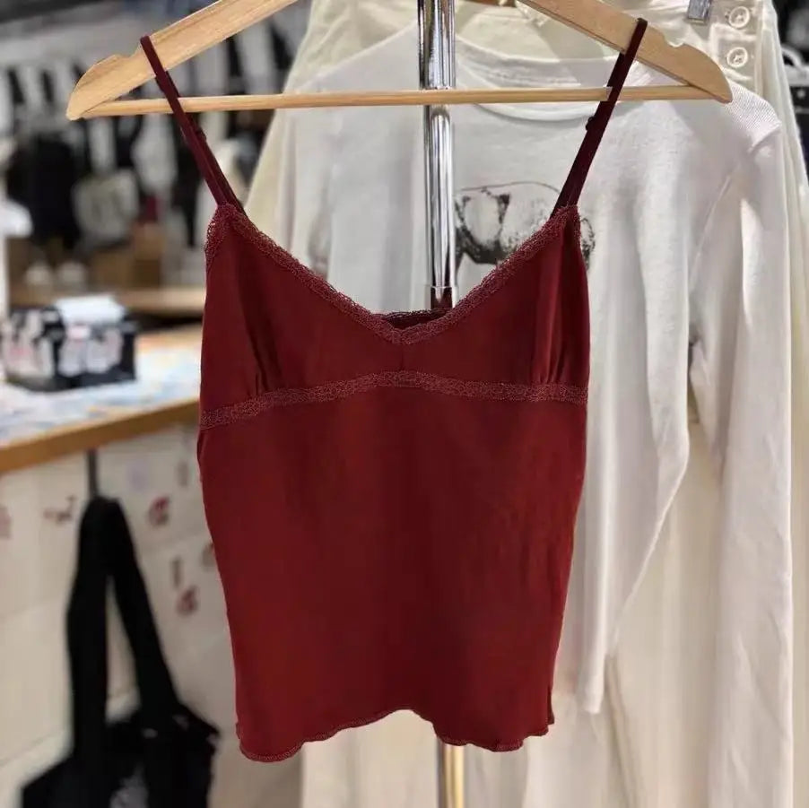 Lace Trim V-neck Camisole Women Summer Casual Slim Cotton Soft Cropped Sleeveless Vests Female Vintage Sweet Chic Tank Tops Y2K