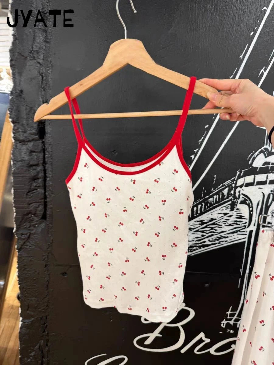 Cherry Print Patchwork Eyelet Camisole Women New Cotton Soft Casual Slim Sleeveless Cropped Vests Vintage Sweet Cute Tank Tops