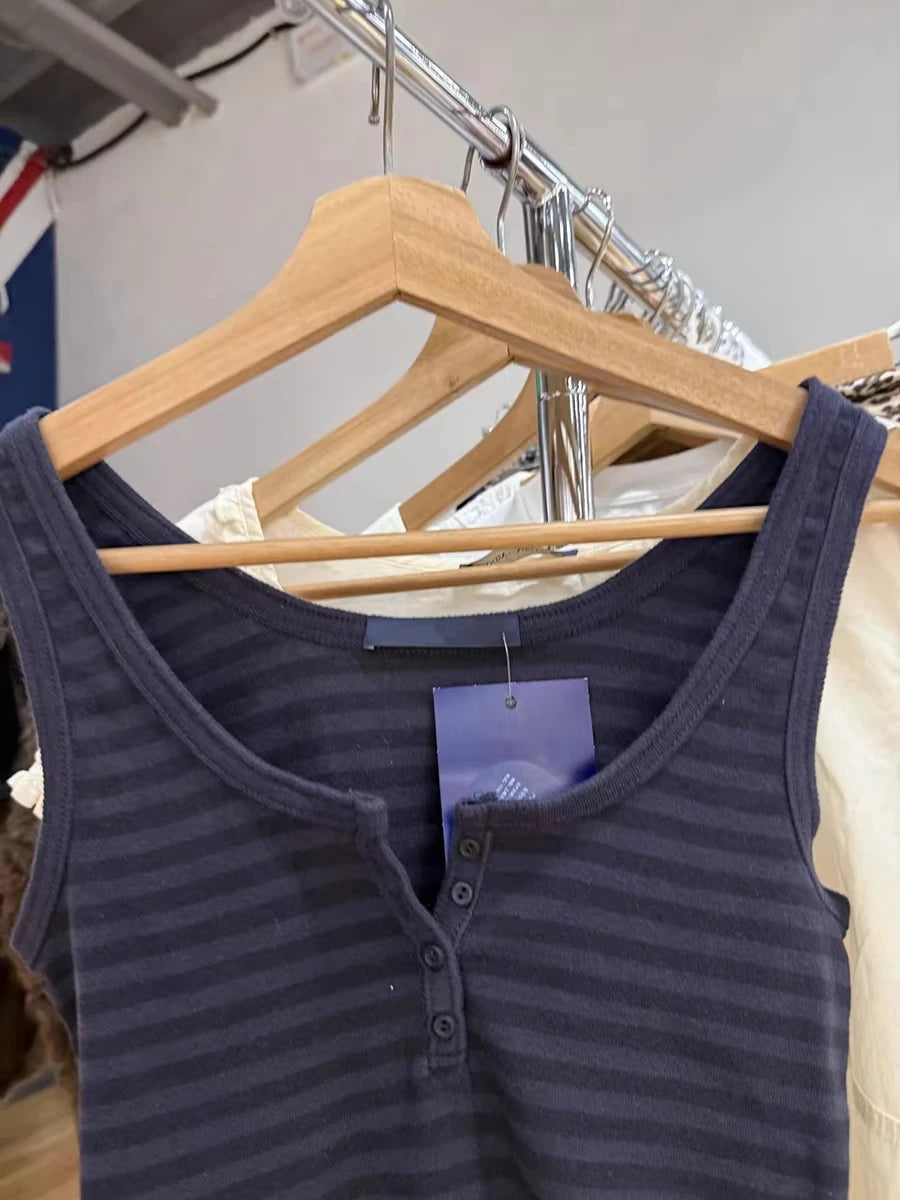Navy Striped Buttons Tank Tops Women Summer Casual Streetwear Simple Cotton Slim Camisole Female Vintage American Chic Vests Y2K