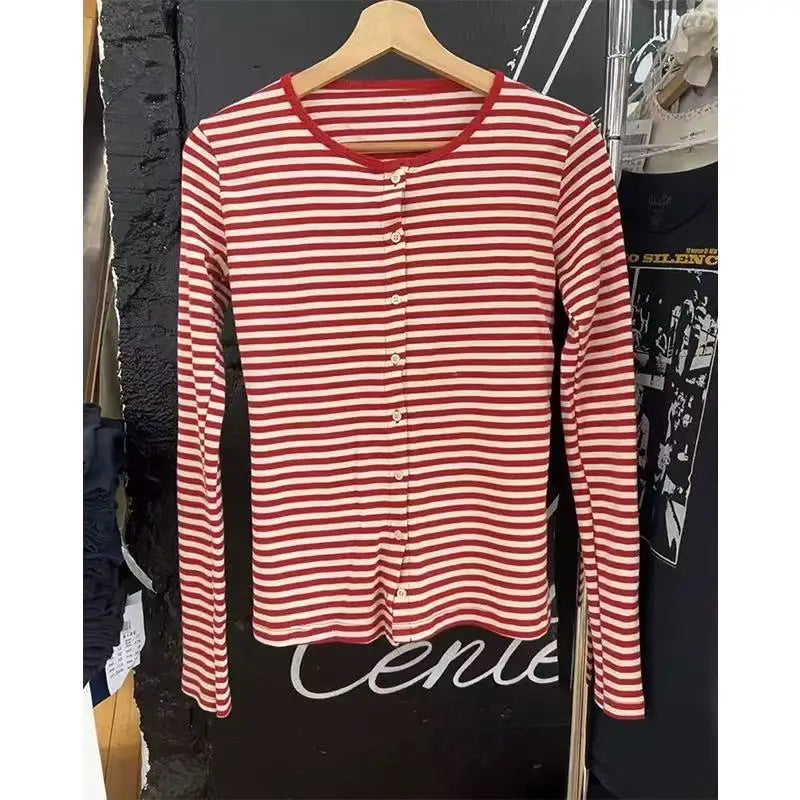 Sweet Pink Eyelet Slim T-shirt Women New O-neck Single Breasted Cotton Soft Long Sleeve Tee Shirts Cute Preppy Style Basic Tops