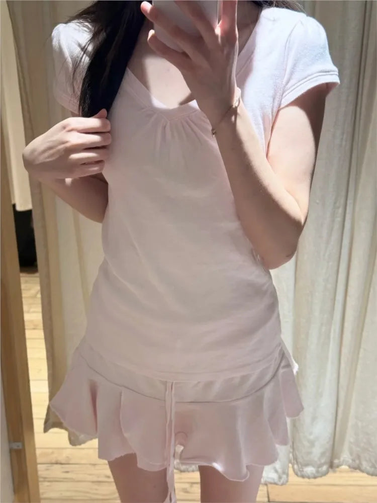 Mini Ballet Faldas Sets Women Casual Chic Pink Lace-up A-line Skirts Set Cute Sweet Preppy Style Short Skirt 2 Piece Set
