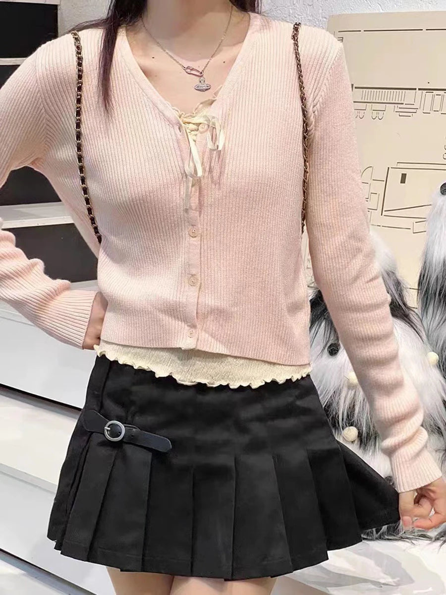 Pink Ribbed V-neck Sweater Coat Women Autumn Cotton Buttons Slim Basic Short Cardigan Vintage Sweet Cute Chic Y2K Jumpers Tops
