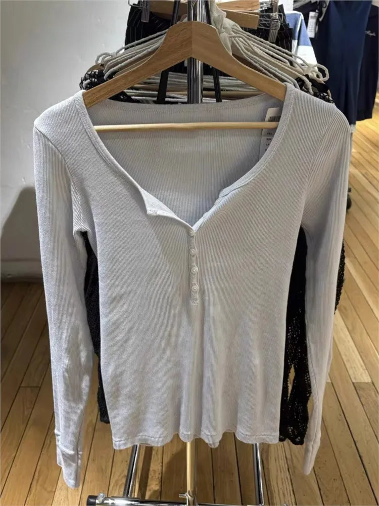 Sweet Blue Ribbed Buttons T-shirt Women Buttons O-Neck Cotton Slim Long Sleeve Tee Cute Vintage Preppy Style T Shirt Y2K Top New