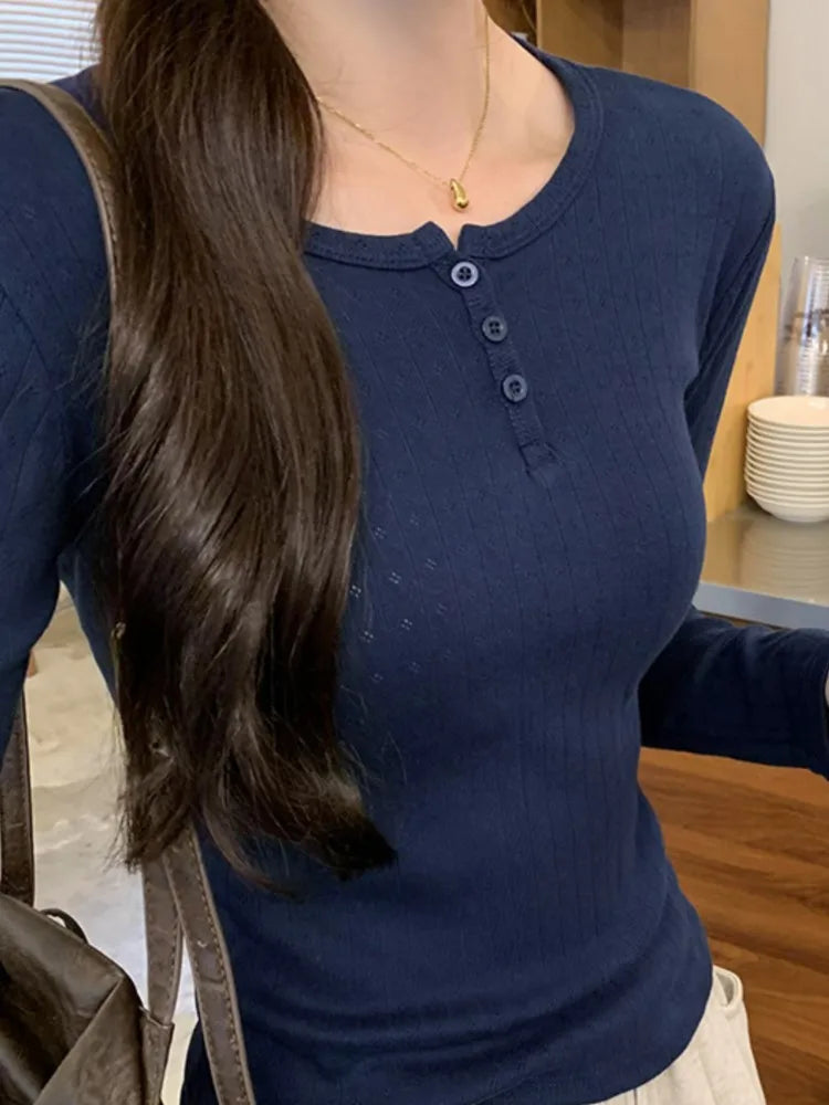 Eyelet Slim Long Sleeve T-shirt Women Simple Basic Preppy Style Buttons O-neck Cotton Tee Shirts Cute Vintage Sweet Tops