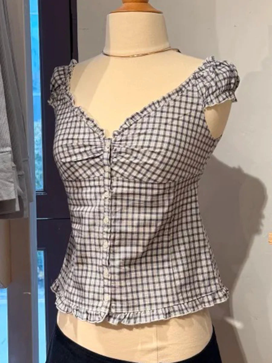 Red Plaid Slim T-shirt Blouse Women Simple Ruffles Single Breasted V-neck Short Puff Sleeve Shirt Female Vintage Sweet Tops New