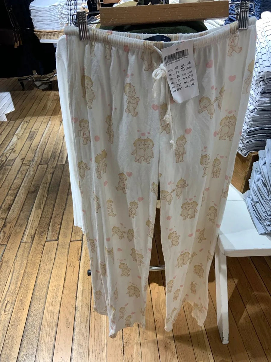 Angel Print T-shirt Pant Pajama Set Woman Short Sleeve Tee+Drawstring Straight Trousers Sweet Cute Cotton Home 2 Piece Sets