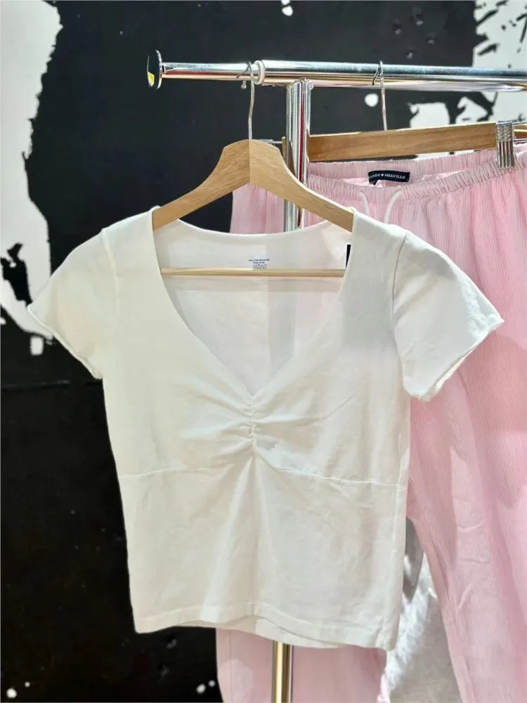 White V Neck T-shirts+little Bear Print Shorts Two Piece Set Cute Home 2 Piece Sets Women Outfit Vintage Cotton Slim Short Sets