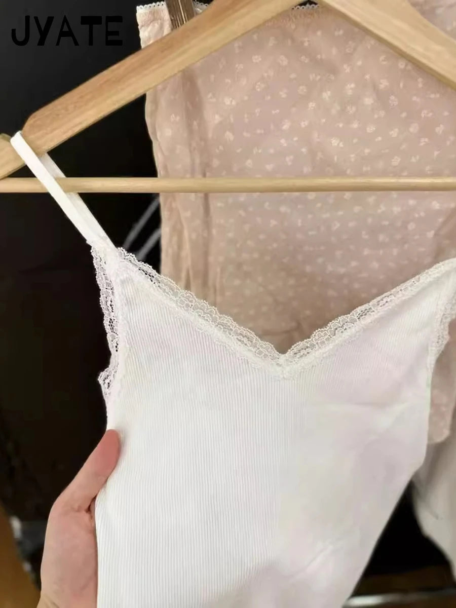 Lace Trim V-neck Ribbed Tank Tops Women New Cotton Casual Fungus Hem Slim Sleeveless Vests Cute Sweet Preppy Style Camisole Y2K