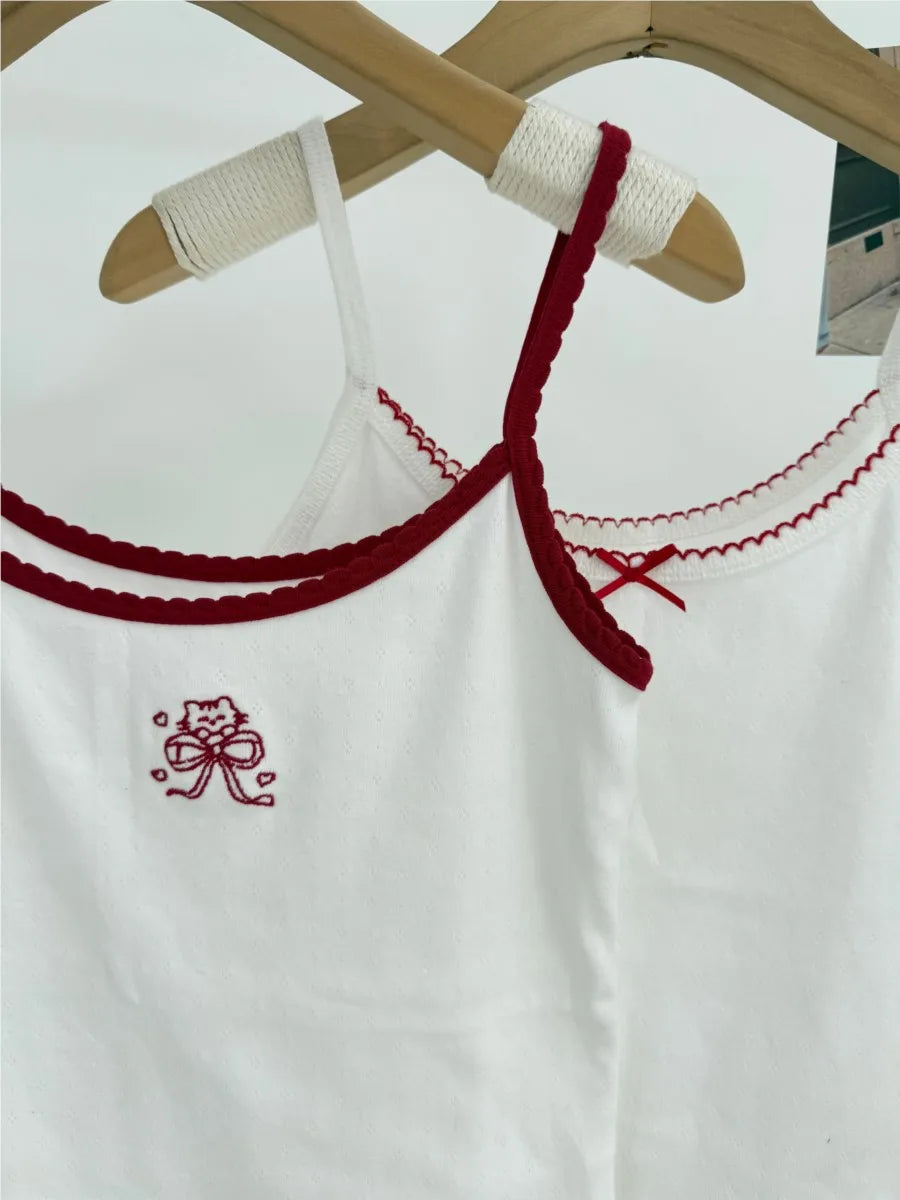 Heart Eyelet Red Bow Camisole Women Casual Slim Lace Trim Sleeveless Cotton Tank Top Female Sweet Cute Preppy Style Crop Tops