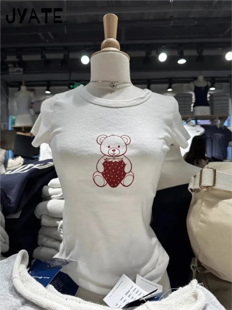 Strawberry Bear Print T-shirts Women Summer Casual Preppy Style Cotton Slim Short Sleeve Tees Sweet Cute Vintage Tops Clothes