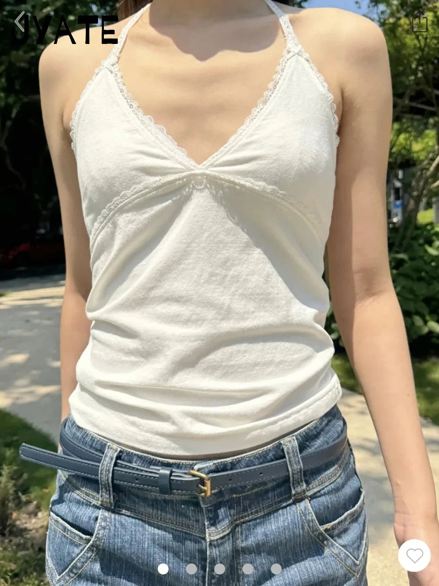 Sweet Lace Trim Halter Tank Tops Woman Summer Cotton Bow Sexy V-neck Slim Casual Cropped Vests Vintage Preppy Style Camisole Y2K
