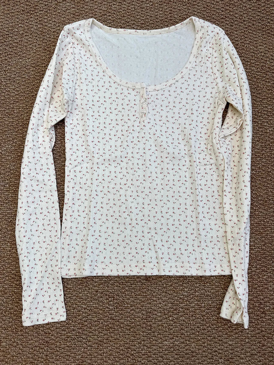 Floral Zelly T-shirts Women Spring Casual Simple Cotton Soft Button Long Sleeve Tees Sweet Cute Preppy Style Tshirt
