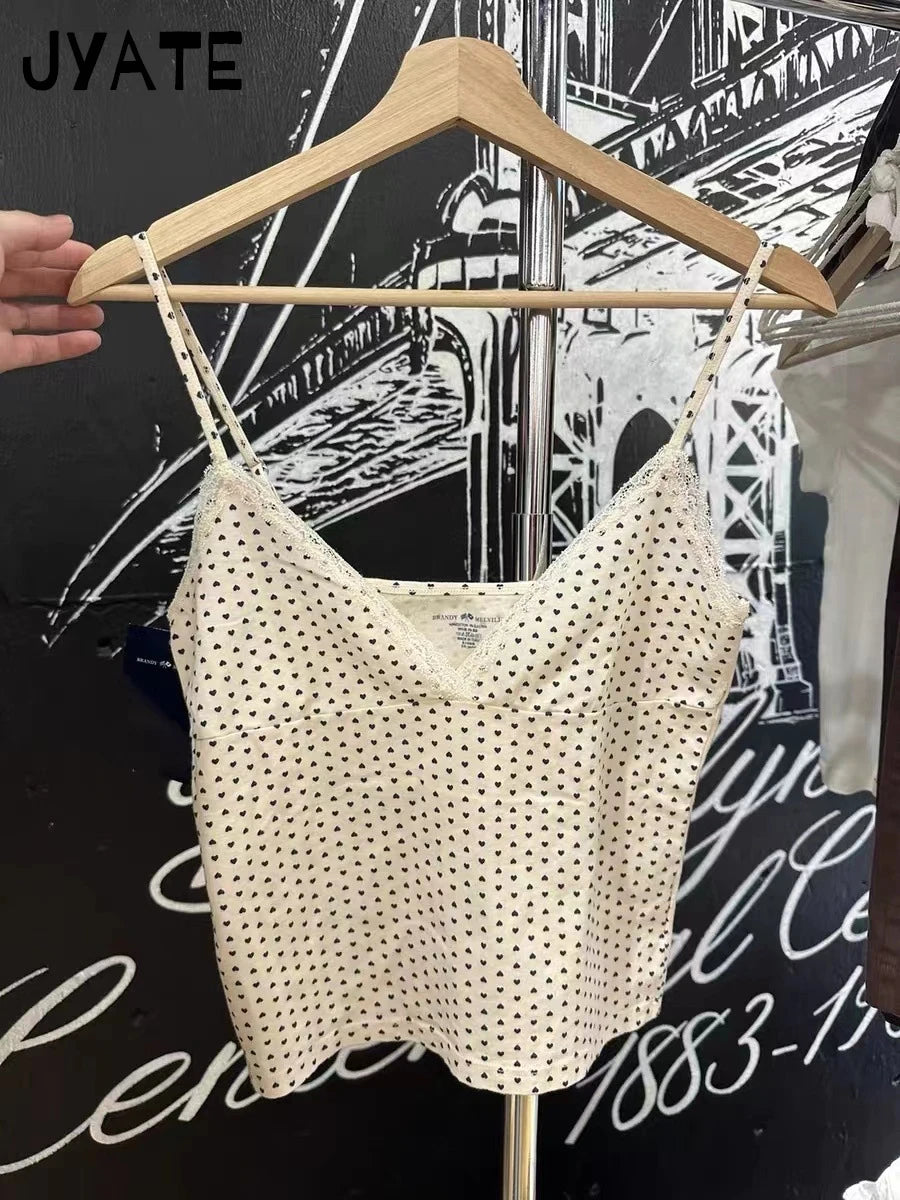 Heart Print Blue Lace Trim Camisole Women New Sexy Casual Slim Vintage V-neck Sleeveless Vests Sweet Cute Preppy Tank Tops Y2K