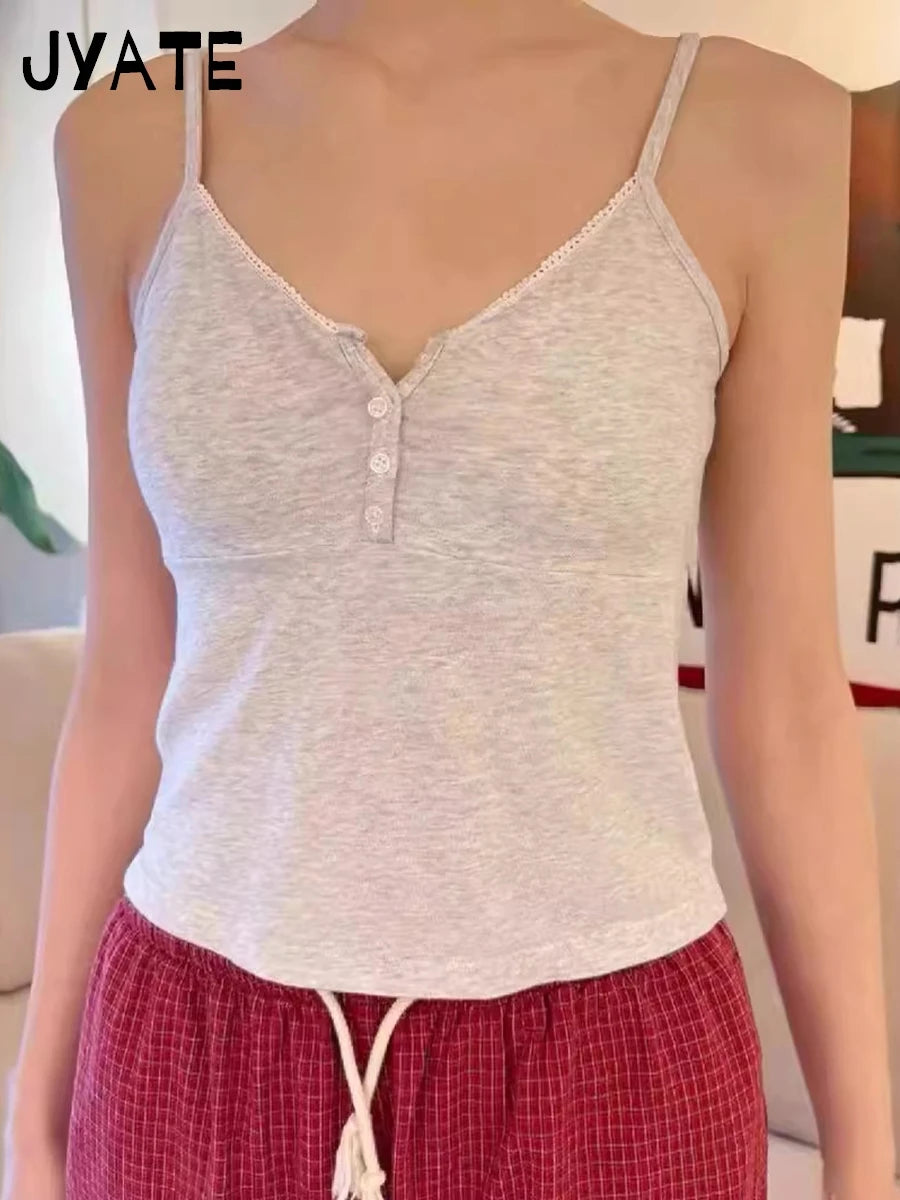 Simple Four Buttons V-neck Tank Tops Women Summer New Cotton Casual Slim Sexy Sleeveless Vests Vintage Sweet Basic Camisole Y2K