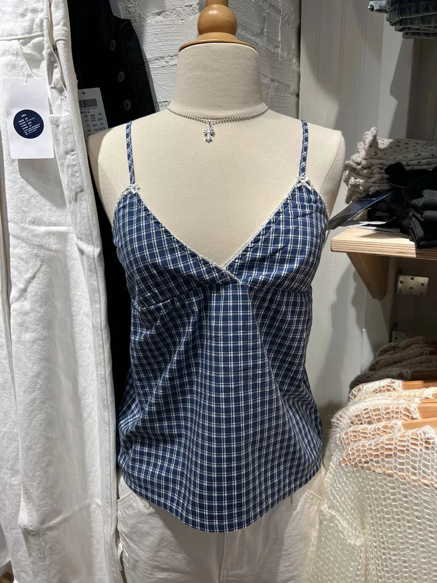 Sweet Blue Plaid Lace-up Tank Top Women Summer New Cotton Lace Trim Bow V-Neck Sleeveless Camis Vintage Cute Chic Crop Tops Y2K