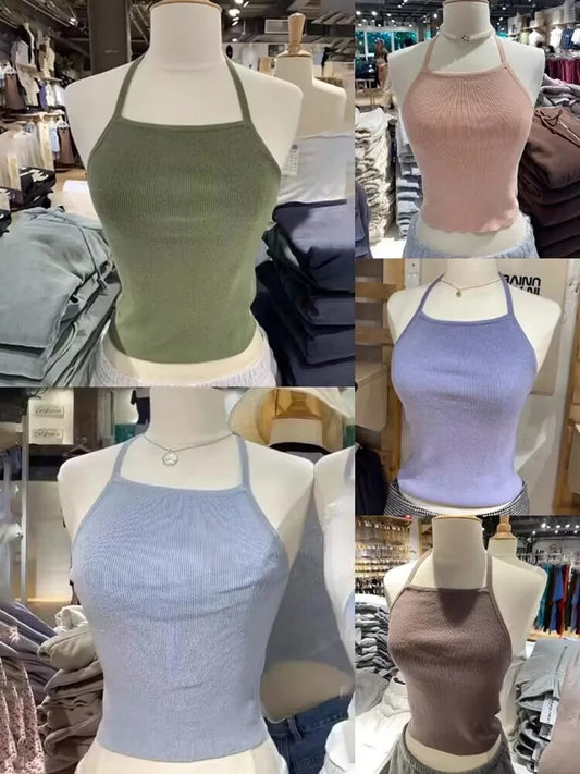 Fashion Solid Knitted Slim Camis Women New Cotton Sexy Backless Lace-up Simple Basic Crop Tops Sweet Cute Vintage Y2K Tank Tops