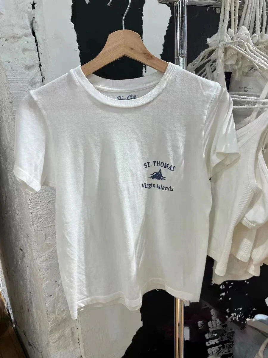 Letter Sailboat Print Solid Short Sleeve Tee Women Streetwear Cotton O-neck Loose Casual Crop Tops Fashion Vintage Y2K T-shirts
