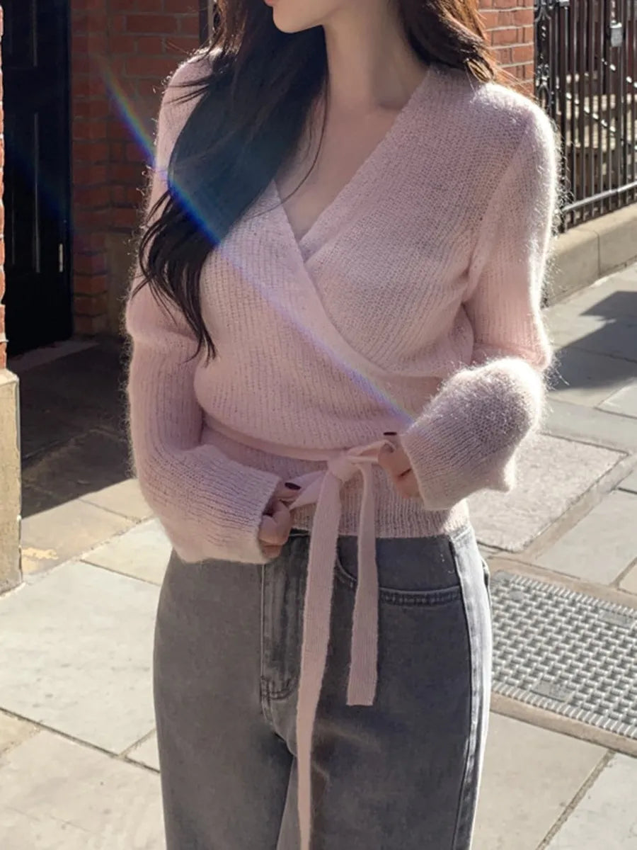 Pink Lace-up Knitted Soft Sweater Cardigan Women New V-neck Long Sleeve Cute Sweaters Sweet Chic Elegant Knitwear Crop Tops Y2K