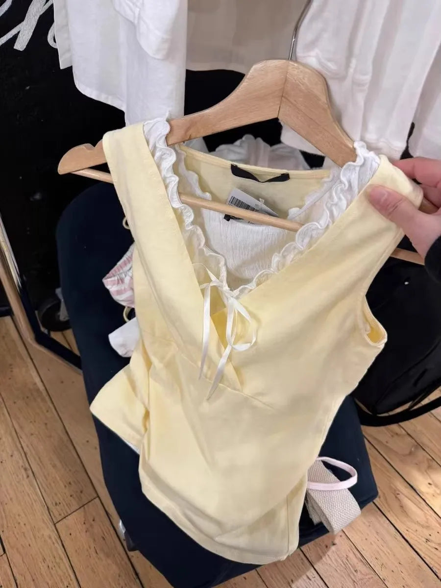 Yellow Slim V-neck Tank Top Women Summer Casual Simple Cotton Sleeveless Vest Clean girl Preppy Style Sweet Basic Camis OOTD New
