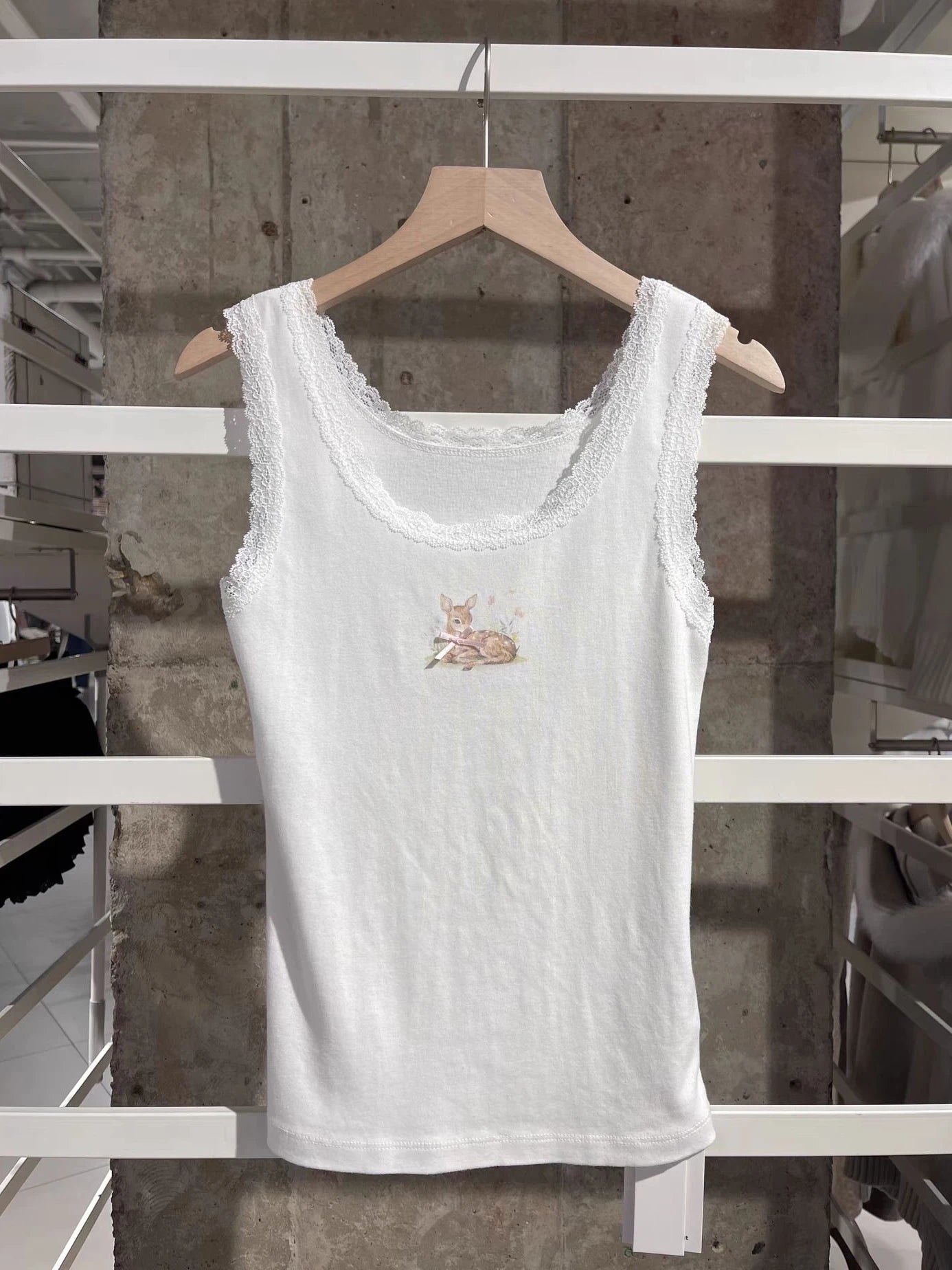 Cute Deer Bow Slim Tank Top Woman Summer Lace Trim U Collar Sleeveless Cotton Camisole Casual Sweet Preppy Style Crop Tops Y2K