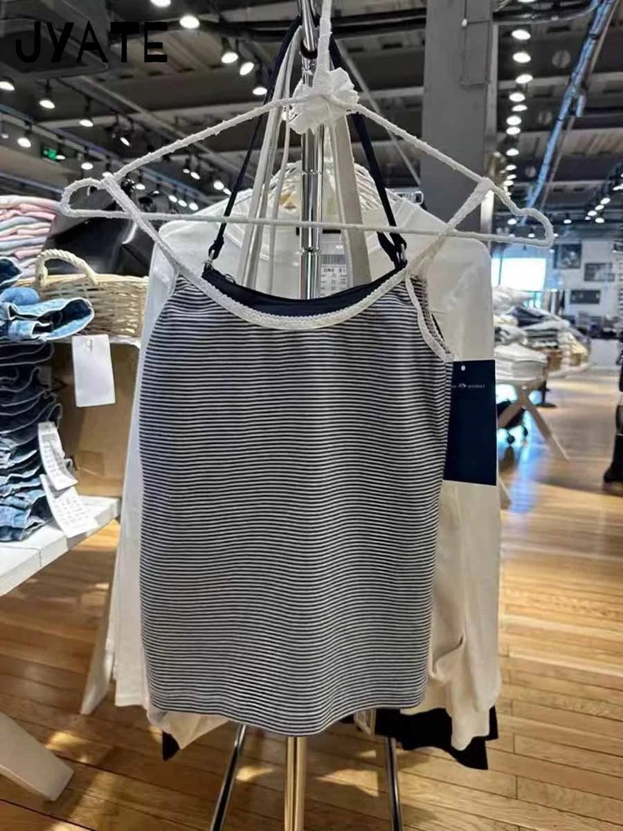 Green Striped Slim Camisole Women Casual Simple All-match Cute Cotton Sleeveless Vests Female Sweet Vintage Chic Tank Tops Y2K