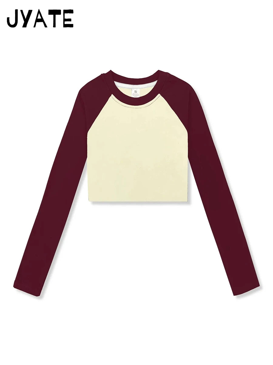 Fashion Ribbed Patchwork Long Sleeve Tees Women New Casual Streetwear Basic Pullover Crop Tops Vintage Preppy Style T-shirts Y2K