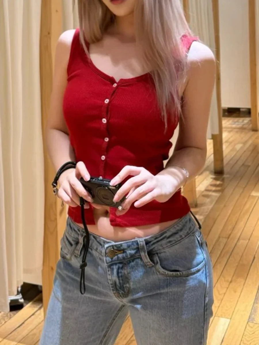 Red Vintage Buttons Slim Vests Women Summer Cotton Simple Basic Casual Sleeveless Tank Tops Sweet Streetwear Chic Cute Camis Y2K