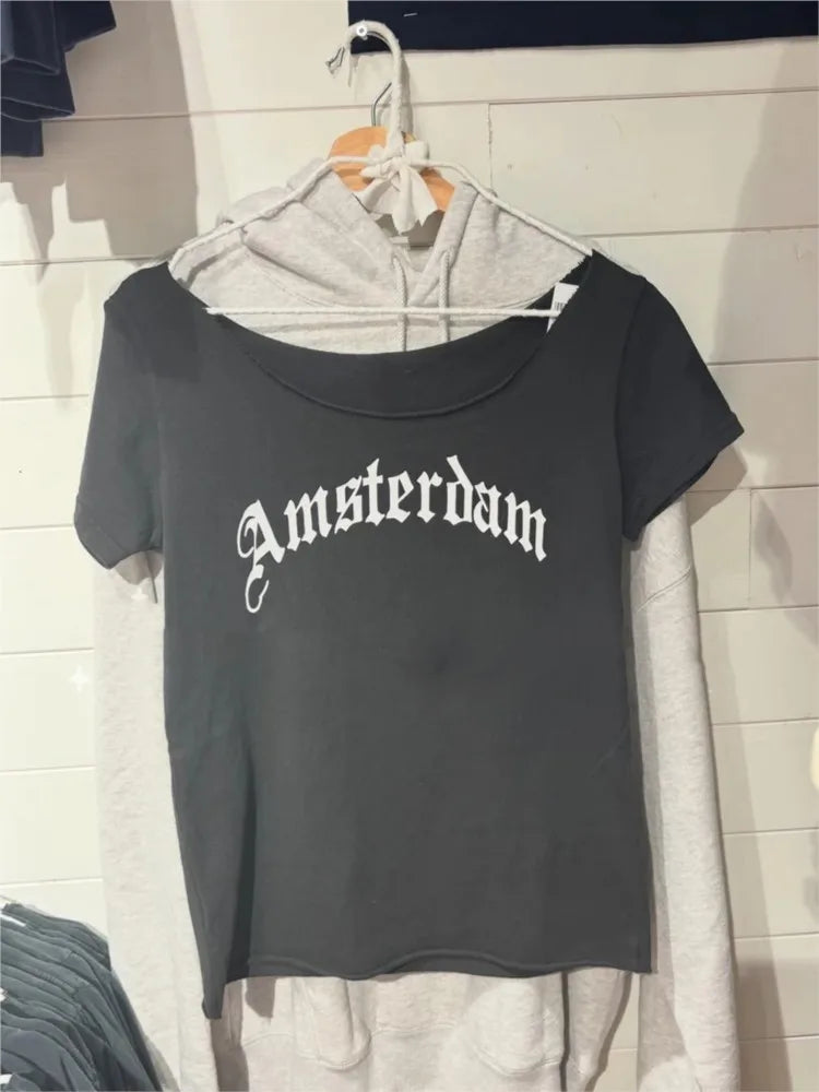 Retro Raw Hem Slash Neck Crop Top Women Simple Letter Print Slim Cotton Short Sleeve Tee Vintage Sweet Preppy Style Tshirt Y2K