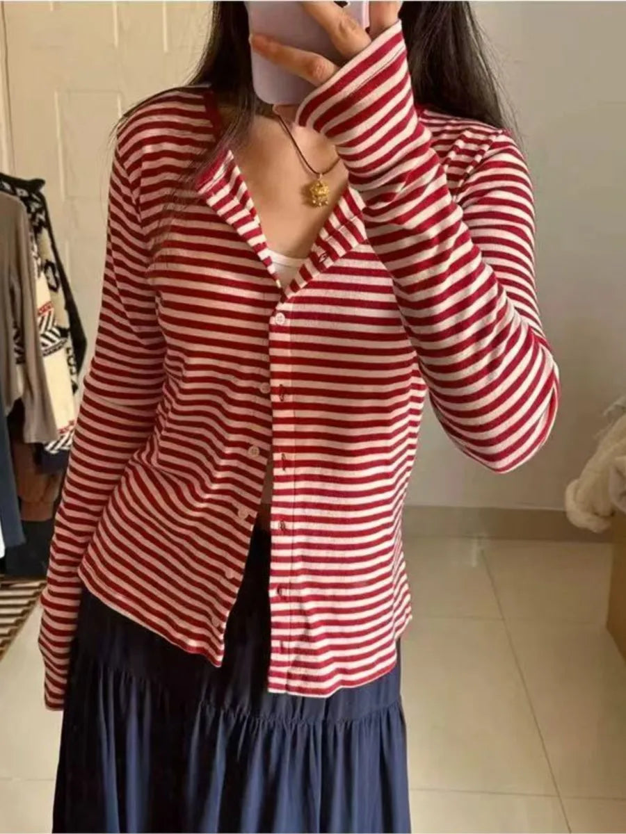 Sweet Red Striped Slim Long Sleeve T-shirt Women Preppy Style O-neck Single Breasted Cotton Tee Shirts Cute Basic Simple Top New