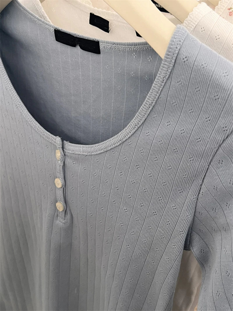 White Hollow Out T-shirts Women Cotton Soft Slim Raw Trim Crew Neck Long Sleeve Tops Clean Girl Vintage Cute Sweet Tees Clothes