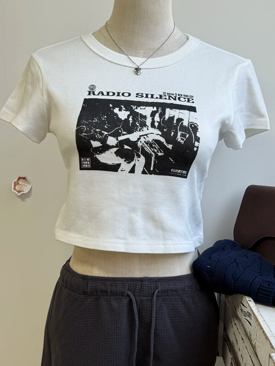 Fashion Letter Print Short Sleeve Tee Women New Casual O-neck Solid Streetwear Retro T-shirts Harajuku Vintage Chic Y2K Crop Top