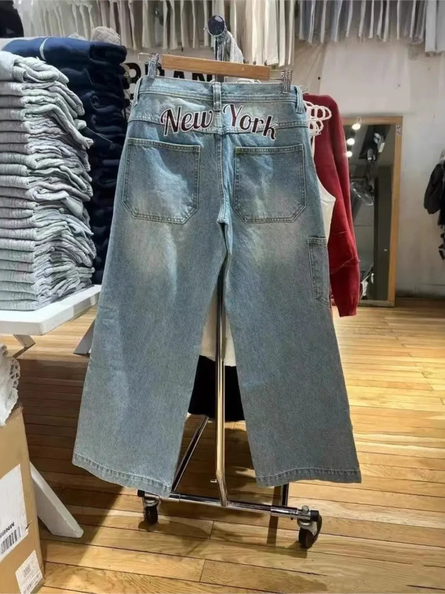 Vintage Back Letter Print Jeans Women Summer High Waist Pockets Straight Baggy Trousers Streetwear Loose Retro Y2K Denim Pants