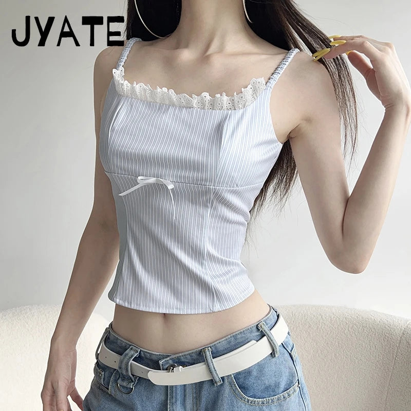 Fashion Blue Striped Square Collar Camisole Women New Slim Sexy Lace Trim Bow Sleeveless Vests Sweet Cute Vintage Tank Tops Y2K