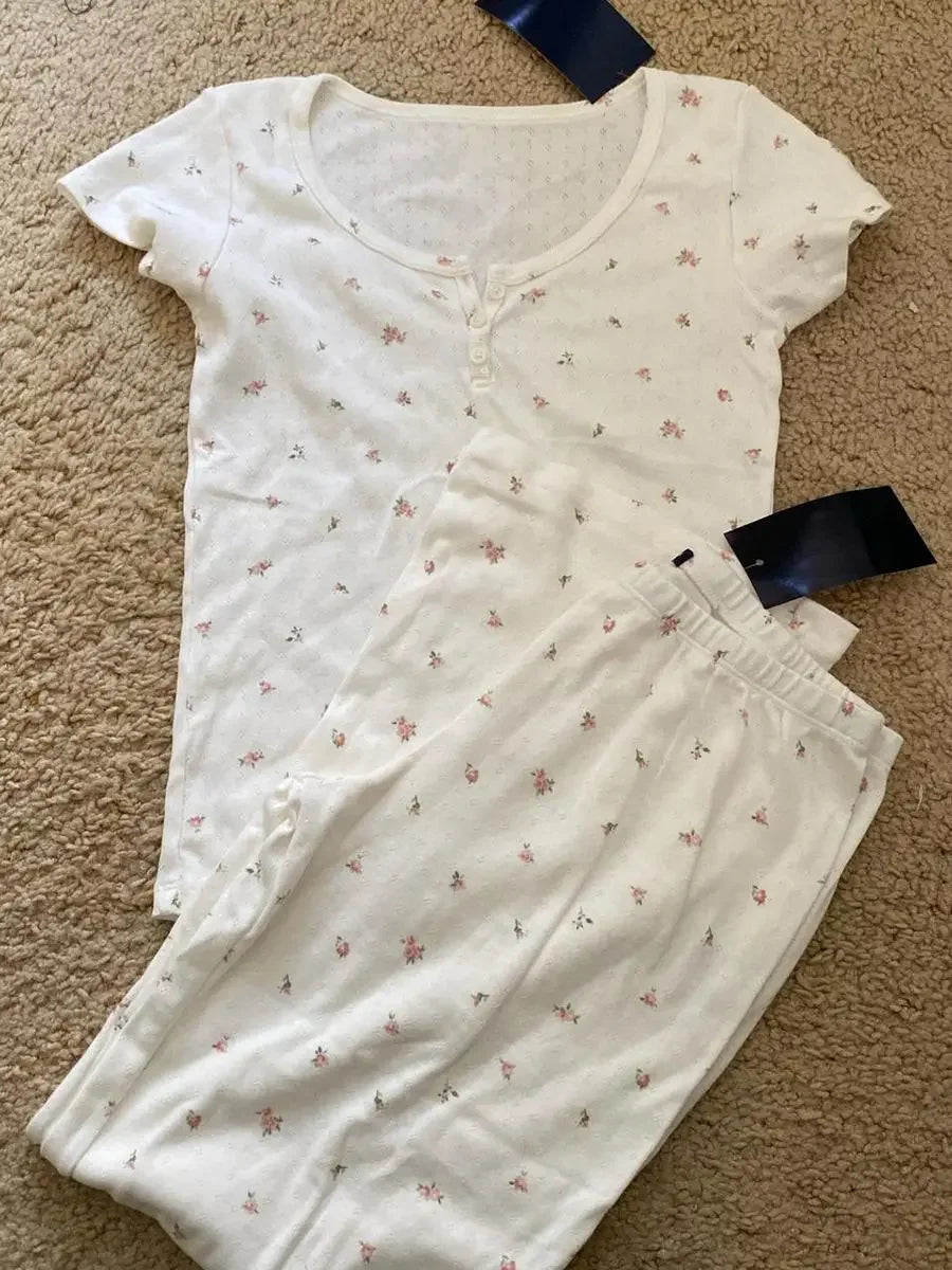 Angel Print T-shirt Pant Pajama Set Woman Short Sleeve Tee+Drawstring Straight Trousers Sweet Cute Cotton Home 2 Piece Sets
