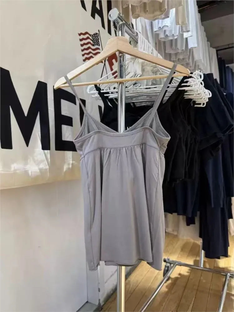 Retro V-neck Gray Camisole Women Summer Casual All-match Streetwear Loose Sleeveless Vests American Simple Camis Y2K