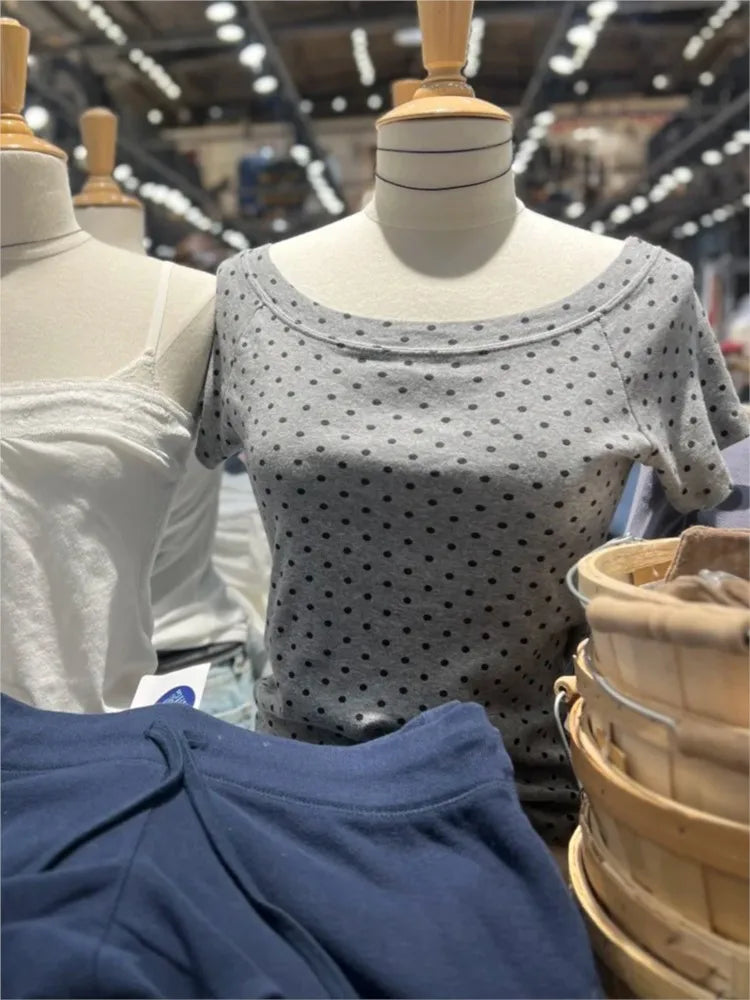 Polka Dot Gray Slash Neck T-shirt Women Casual Preppy Style Slim Short Raglan Sleeve Cotton Tee Shirts Vintage Sweet TshirtsY2K