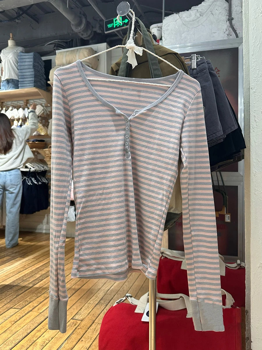 Navy Striped Buttons Long Sleeve Tees Women Casual Chic Cotton T-shirt Cute Preppy Style Slim Tshirt Zelly Tops