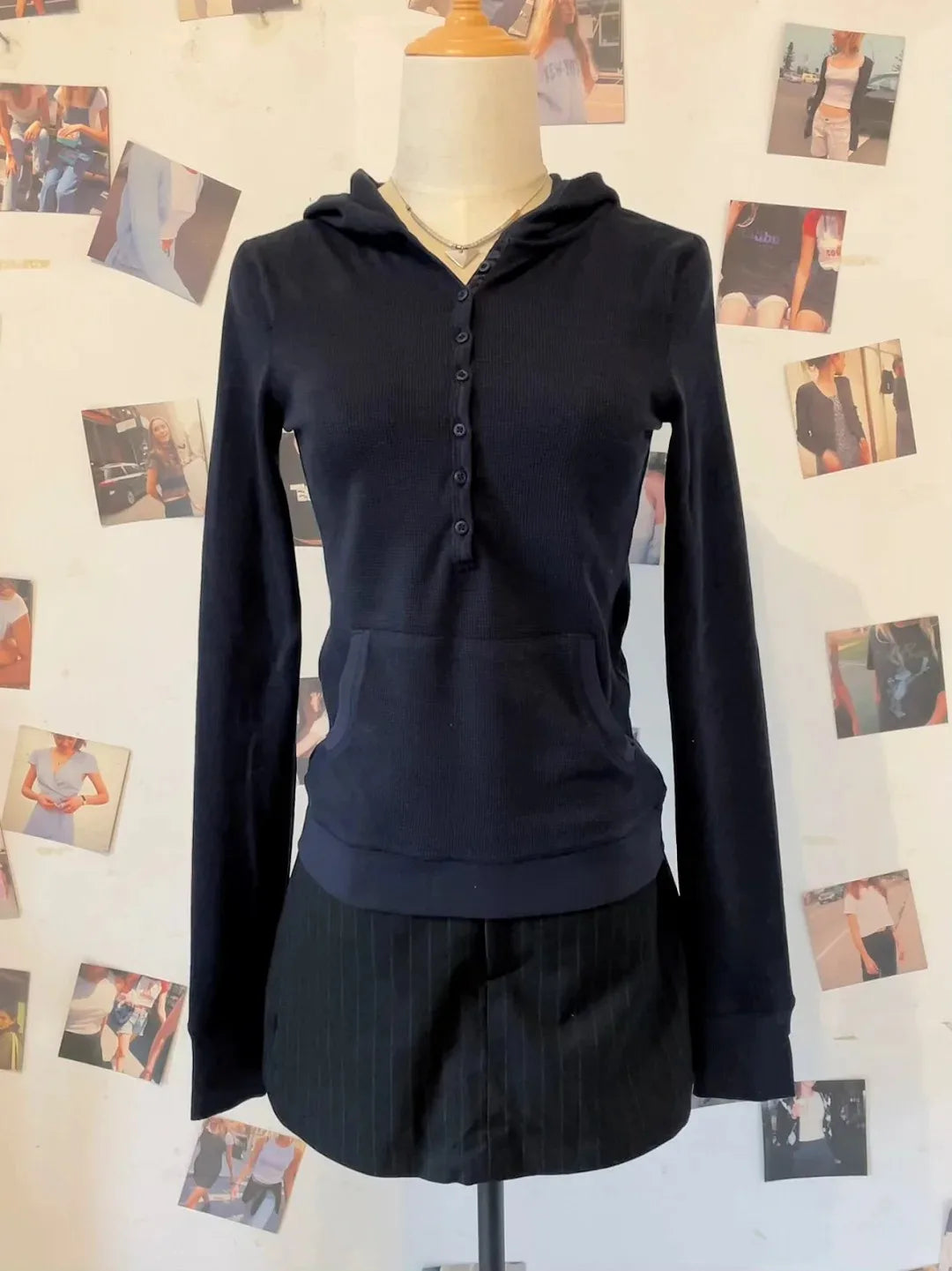 New Waffle Hooded T-shirt Women Casual Button Cotton Slim Long Sleeve Tee Shirt Vintage American Preppy Style Tshirt Y2k