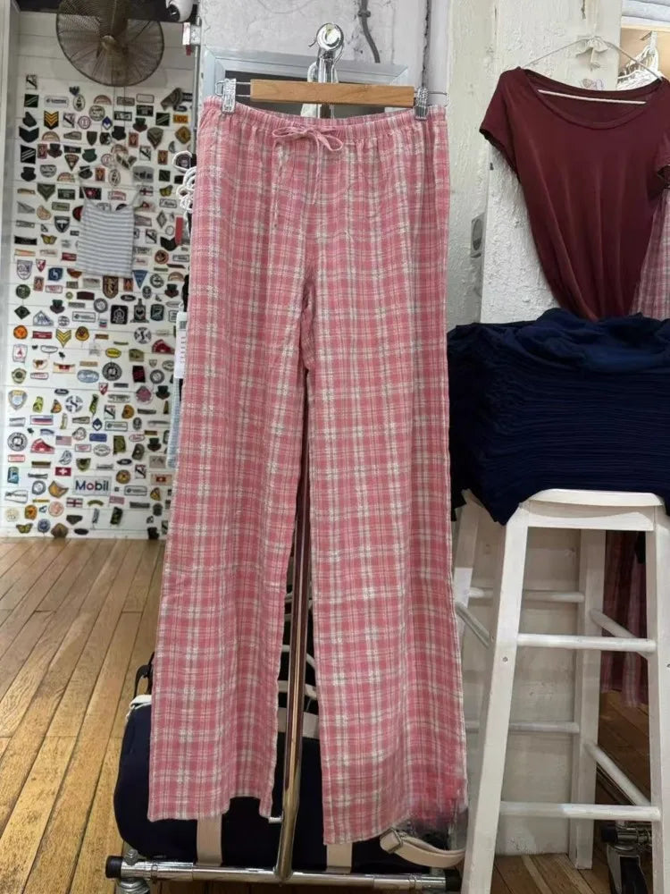 Retro Red Plaid Drawstring Straight Pants Women Autumn Cotton Casual Elastic High Waist Pant Vintage Loose Y2K Baggy Sweatpants