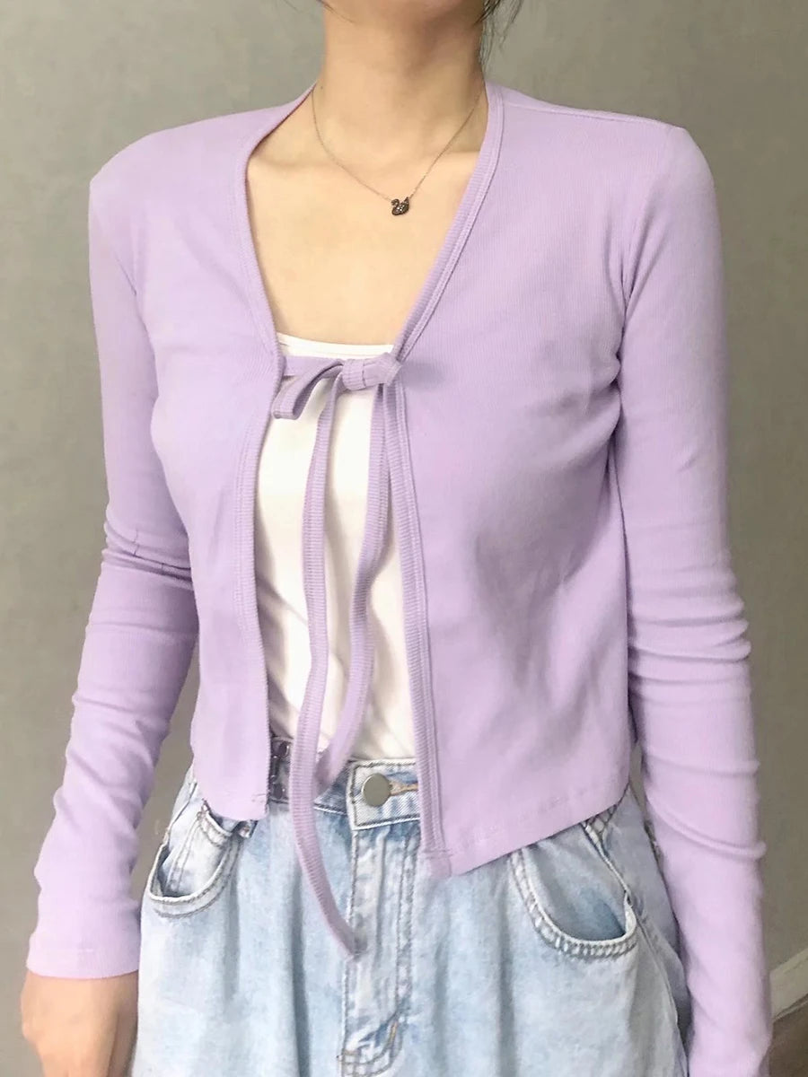 Sweet Slim Cotton Knitted Cardigan Tops Women Autumn New Cotton Solid Harajuku Long Sleeve Tee Vintage Chic Y2K Lace-up T-shirts