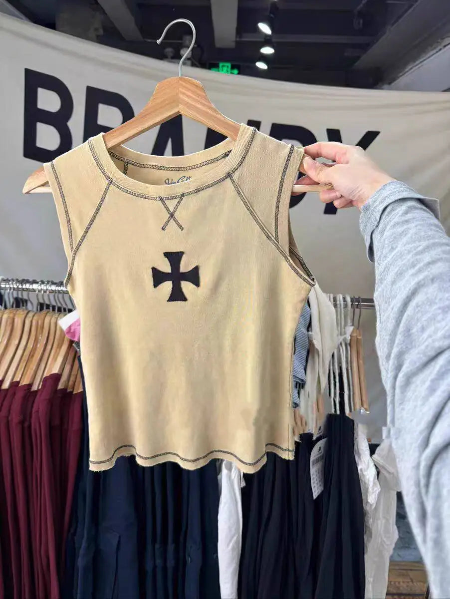 Cross Khaki Tank Tops Women Summer Casual Streetwear O-neck Slim Sleeveless Camisole American Vintage Chic Vests Y2K