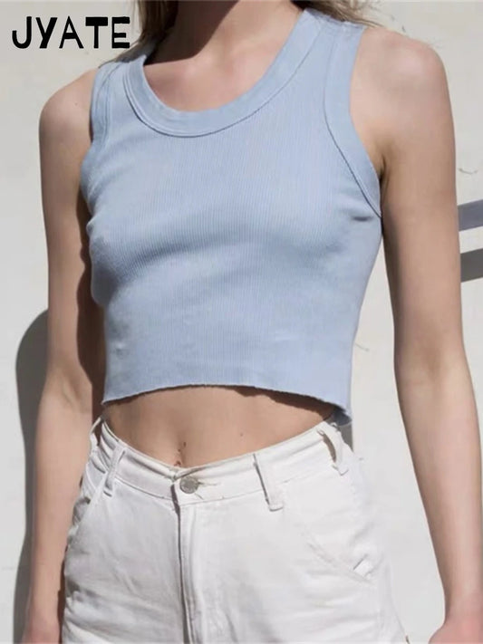 Simple Ribbed U-neck Crop Tops Women New Cotton Casual Slim Preppy Style Sleeveless Cropped Vest Vintage Basic Chic Tank Top Y2K