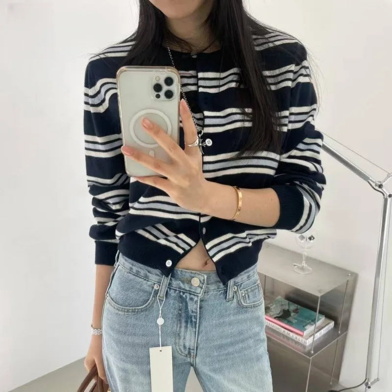 Classic Striped Knitted Cardigan Women's Autumn Round Neck Cotton Soft Design Button Sweater Vintage Sweet Preppy Style Sweaters