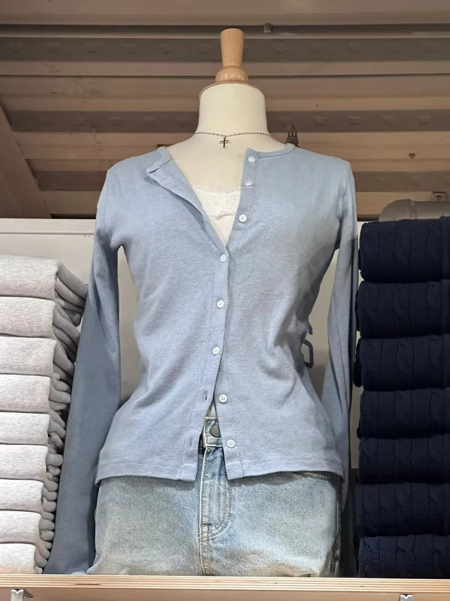 Eyelet Slim Long Sleeve T-shirt Women Spring Preppy Style O-neck Single Breasted Cotton Tee Shirts Cute Vintage Sweet Tops Y2K
