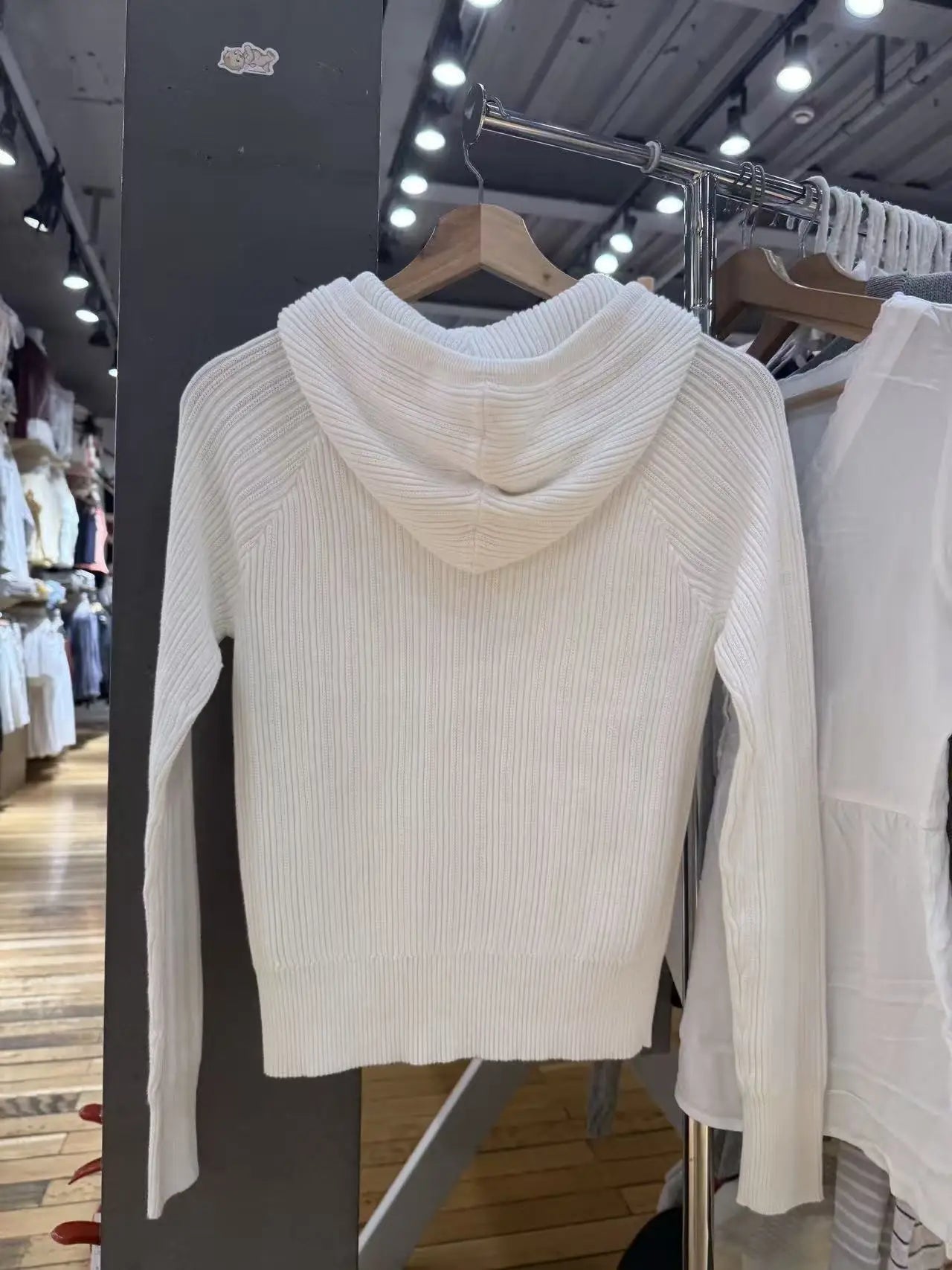American-style new white double-zip hooded knitted cardigan for women, slim fit, ribbed sweater, casual jacket