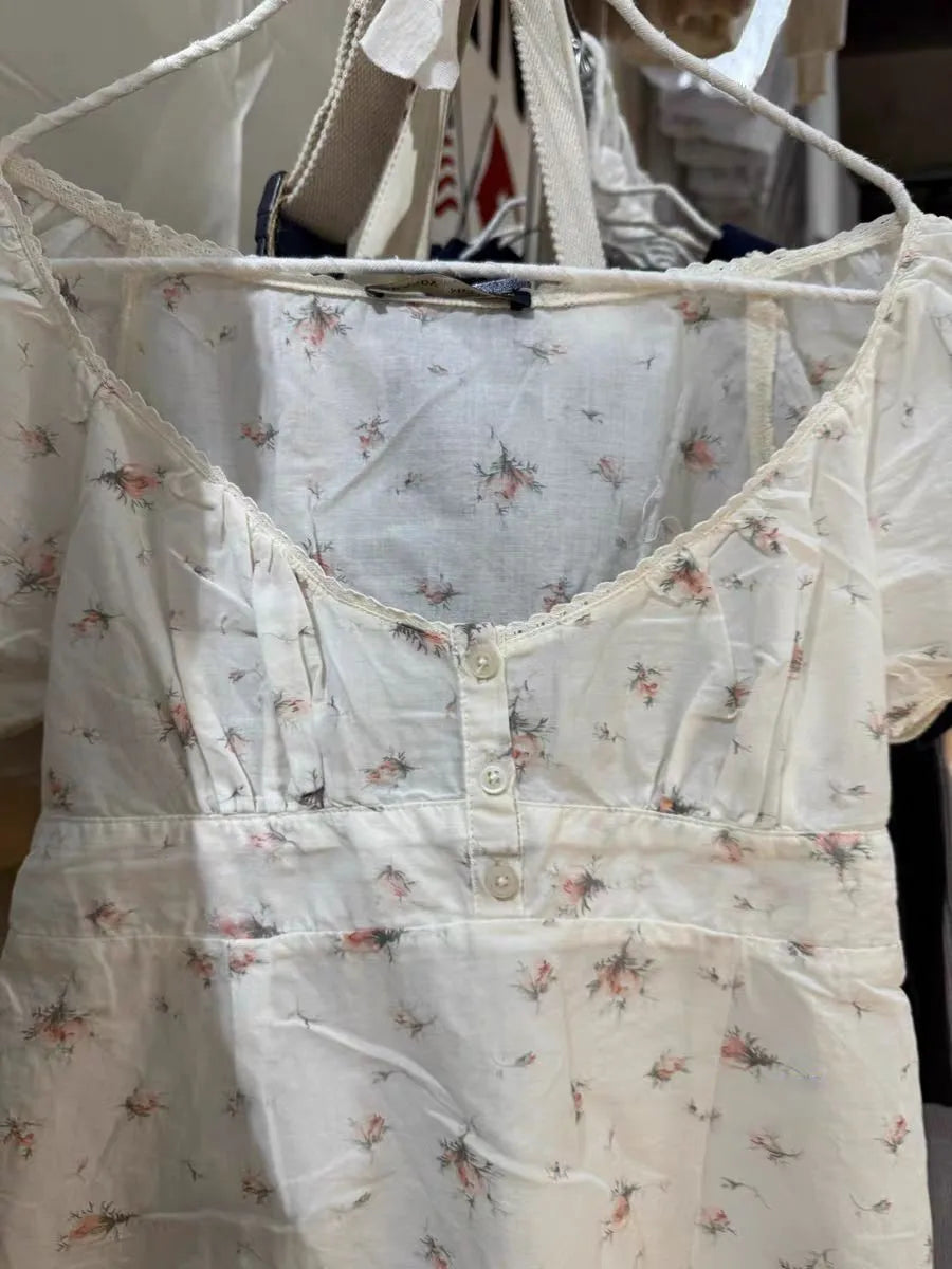 Floral Print Lace Trim T-shirts Women Summer New Casual Streetwear Buttons Short Sleeve Tees Sweet Simple Cute Tshirt Tops Y2K