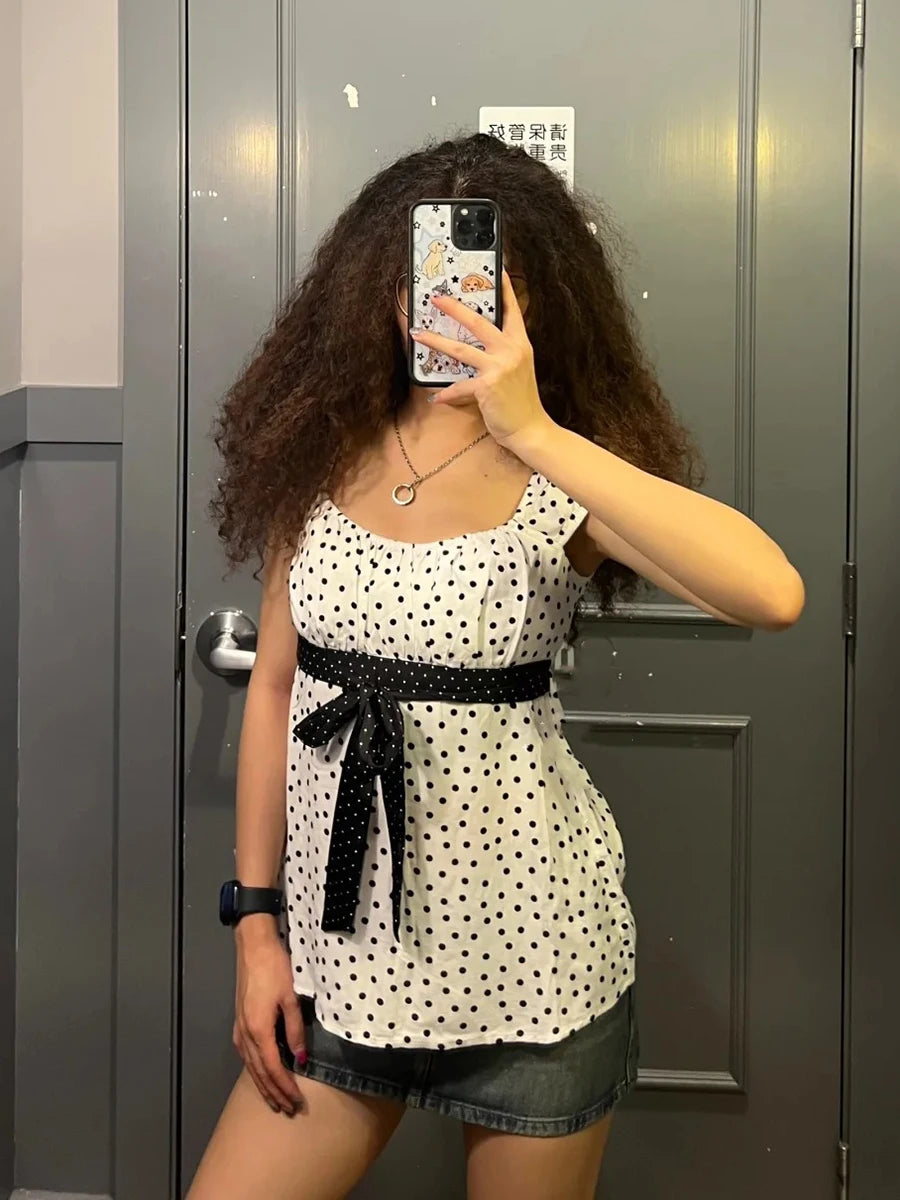 White Polka Dot Babydoll Top Women Summer New Casual Slim Lace-up Square Collar Tee Tops Sweet Vintage Preppy Style T-shirts Y2K